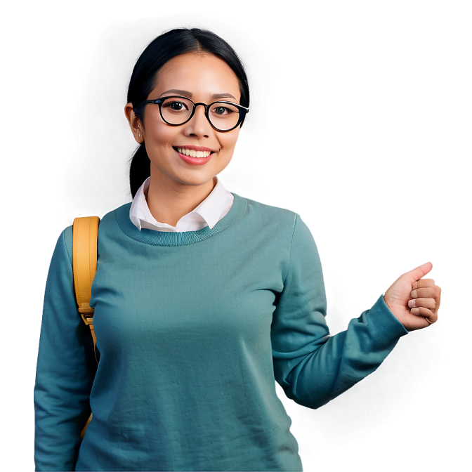 a woman wearing glasses and pointing at the camera