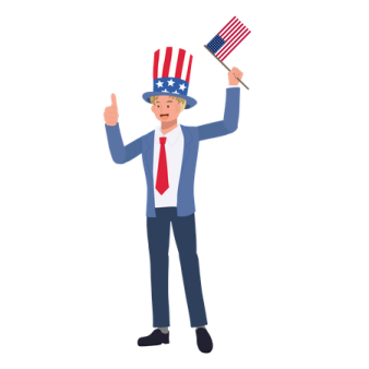 a man in a suit and hat holding an american flag