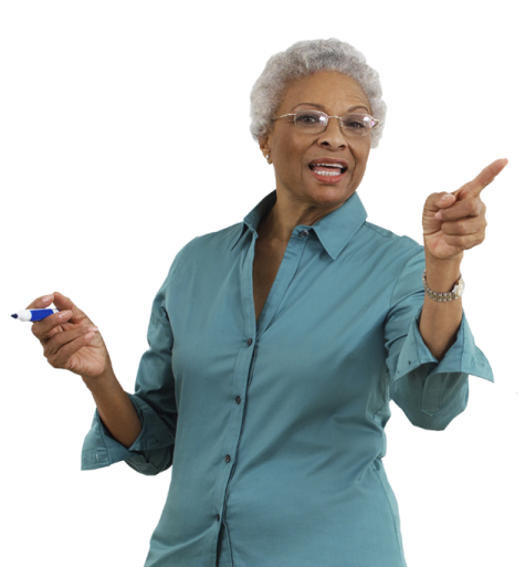 an older woman pointing at something on her finger