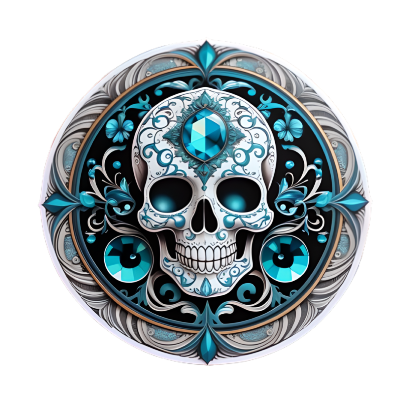 a blue and white sugar skull on a black background