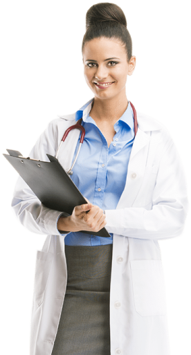 a woman in a white lab coat holding a clipboard