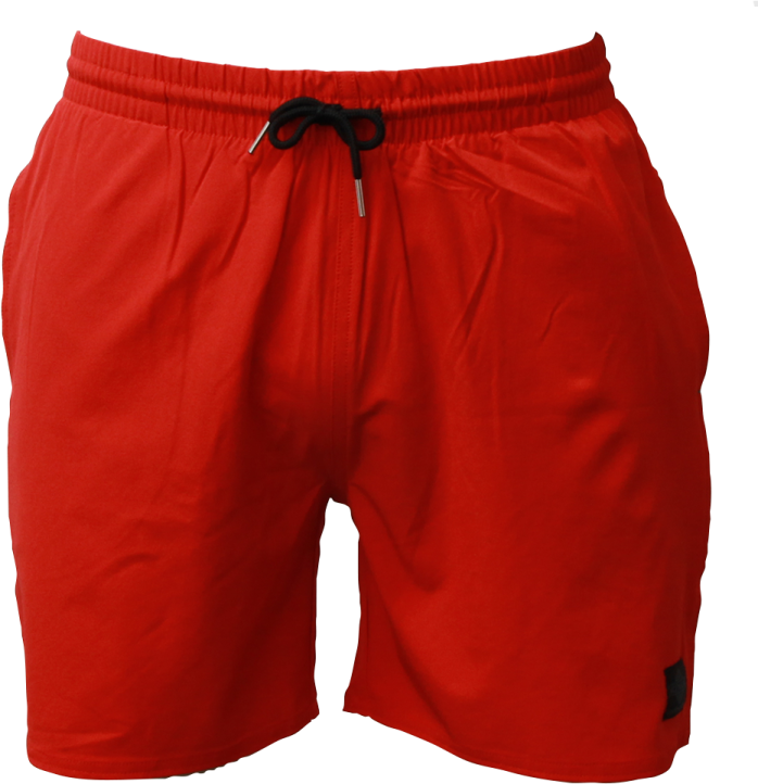 a red shorts with black logo on the side