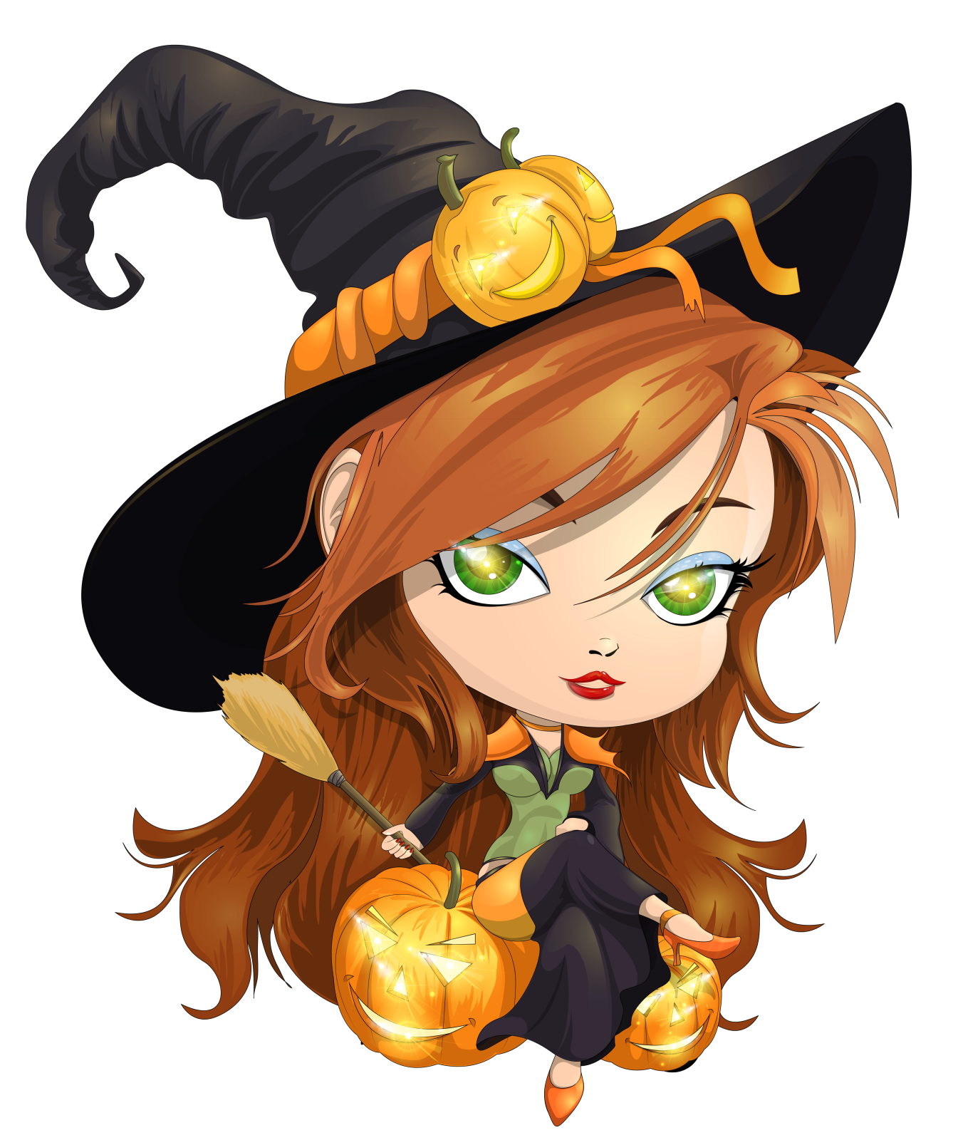 a cute little girl dressed as a witch with pumpkins