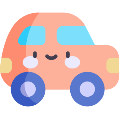 an orange car with blue and yellow wheels