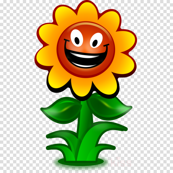 a cartoon sunflower with a happy face and green leaves