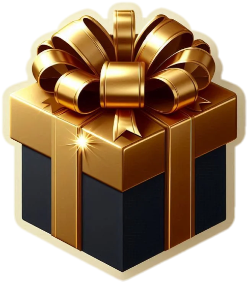a black and gold gift box with a bow