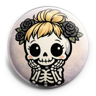 a button with a skeleton and roses on it