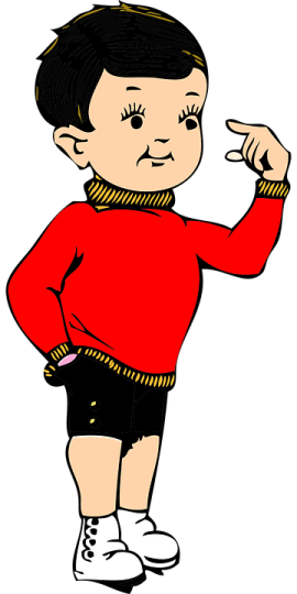 a little boy in a red shirt and black shorts