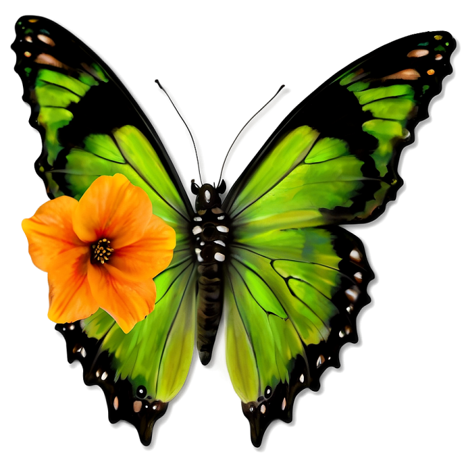 a green butterfly with orange flowers on its wings