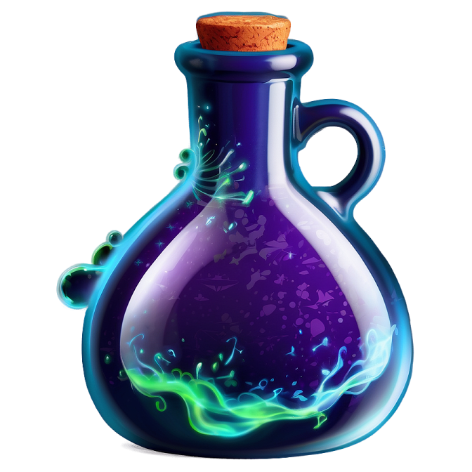 a purple and blue glass bottle with a cork top