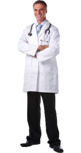 a man in a white lab coat and black pants