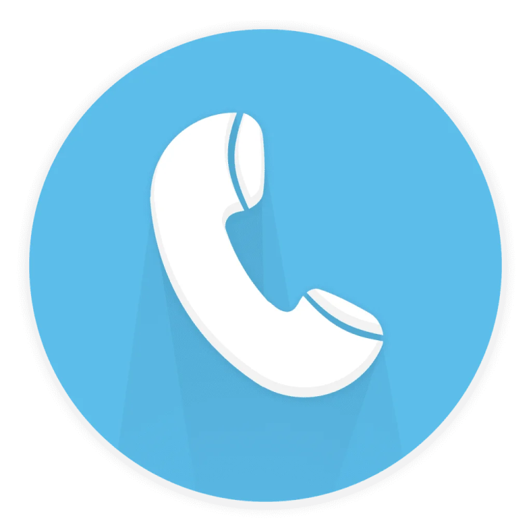 a white phone icon on a blue circle