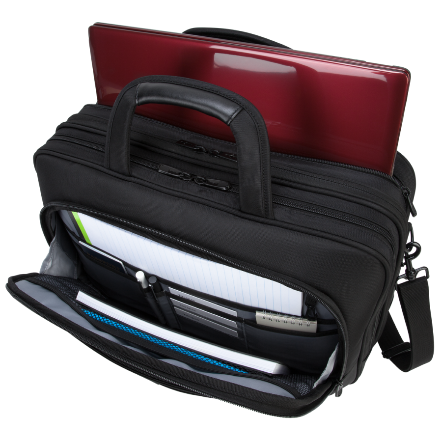 a black briefcase with a red handle