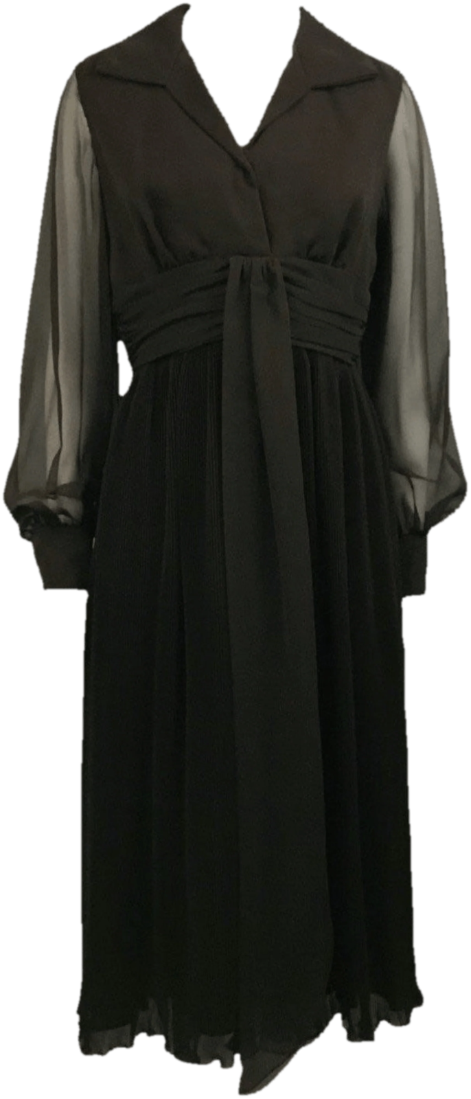 a black dress with sheer sleeves and a belt
