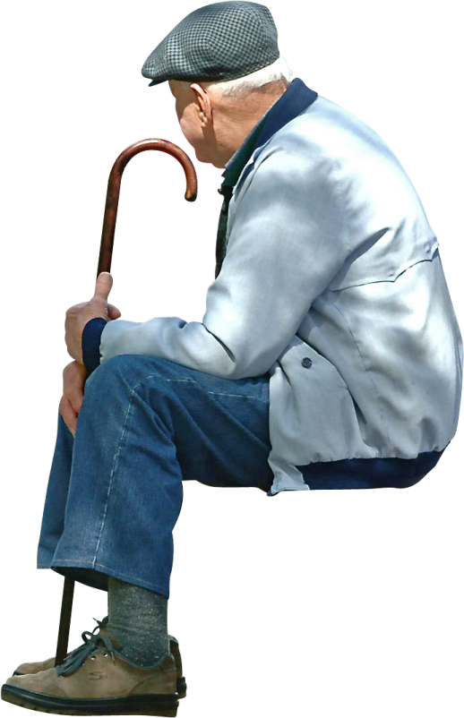 an old man sitting on a stool with a cane