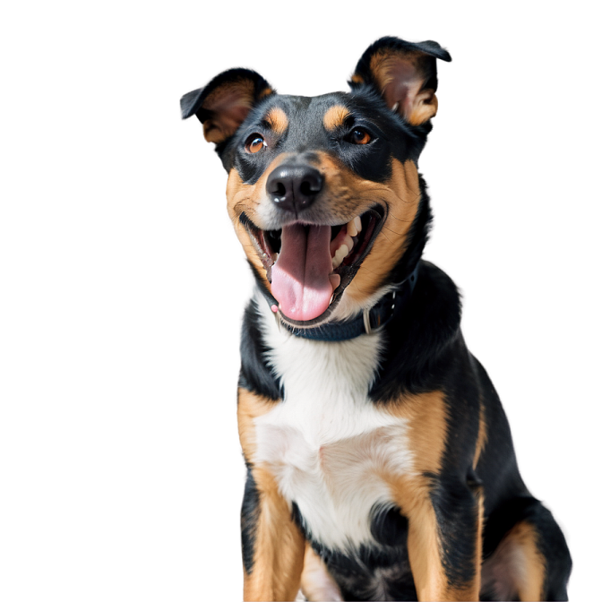 a black and brown dog sitting on a white surface