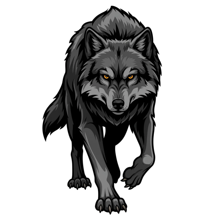 a black wolf running with orange eyes