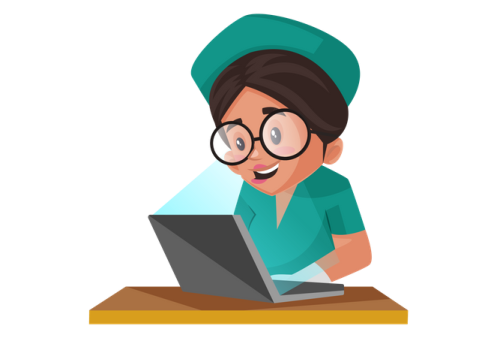 a woman sitting at a desk with a laptop