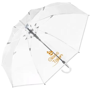a white umbrella with an orange logo on it