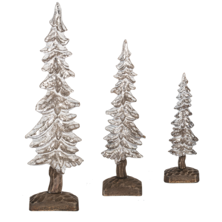 three silver christmas trees on a white background