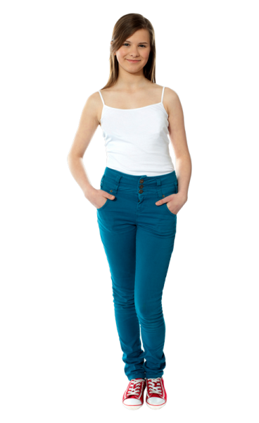 a young girl in a white tank top and blue jeans