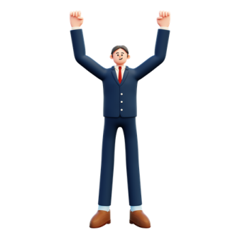 a man in a suit with his arms up