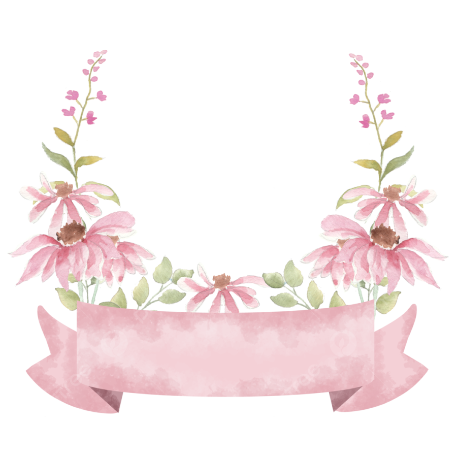 a pink ribbon with flowers and leaves on it