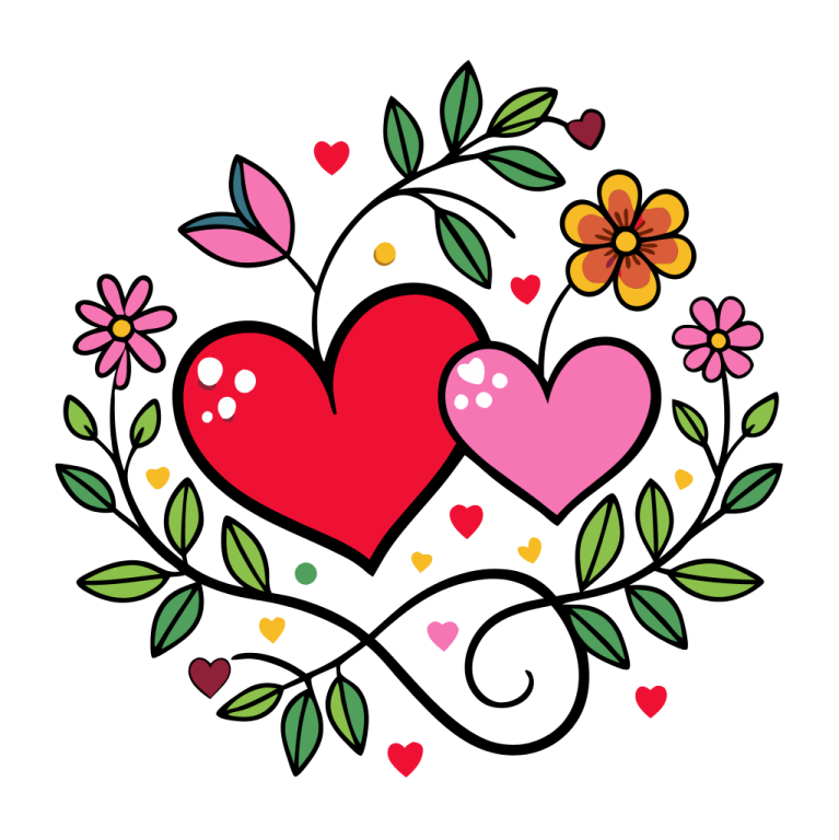 two hearts with flowers and leaves