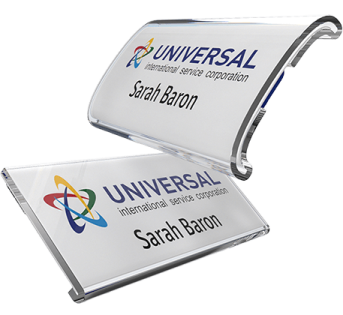 a silver business card holder with a logo on it