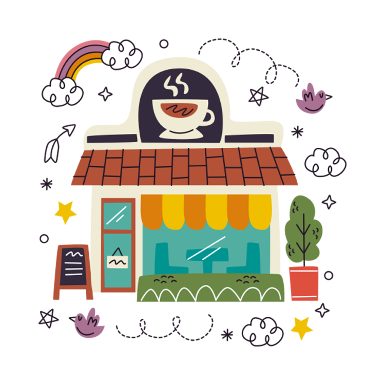an illustration of a woman standing in front of her shop