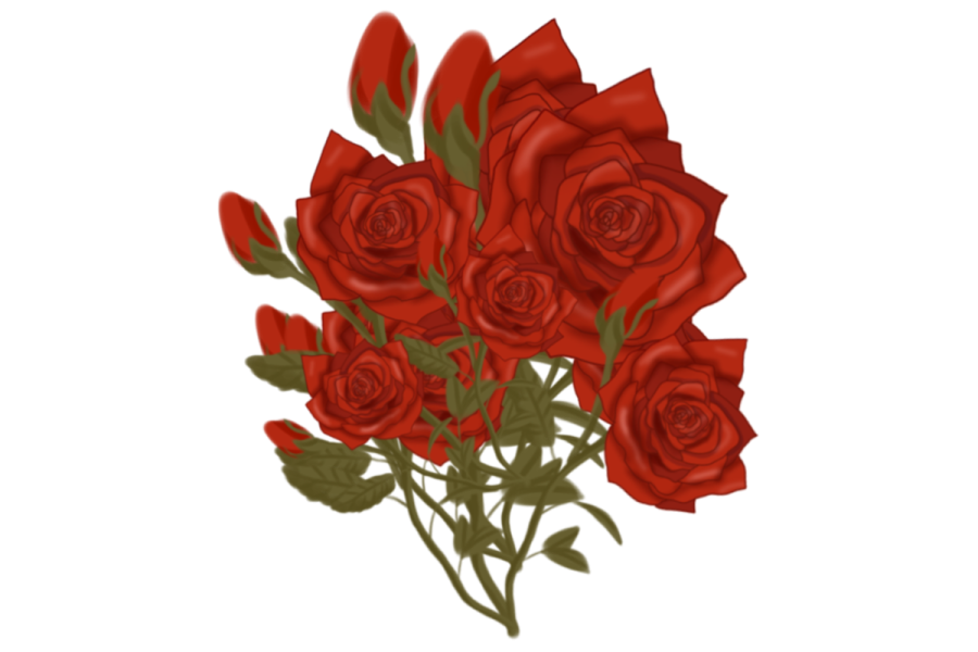 a bunch of red roses with green leaves