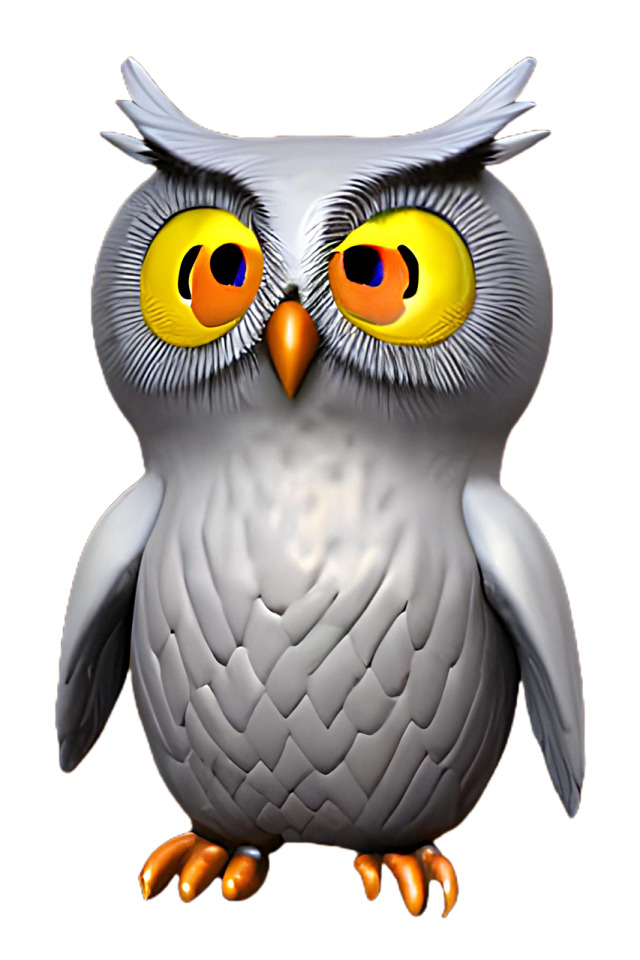 an owl with yellow eyes sitting on a white background