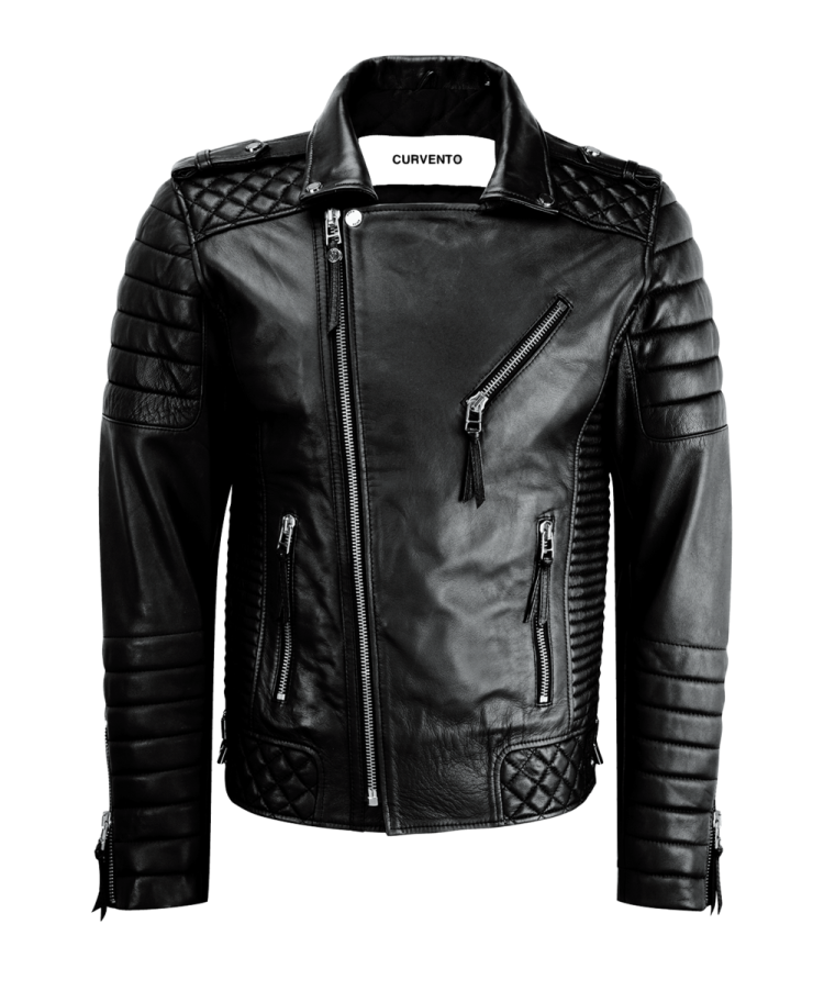 a black leather jacket with zippers on the shoulders