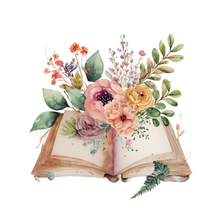 an open book with flowers and leaves on it