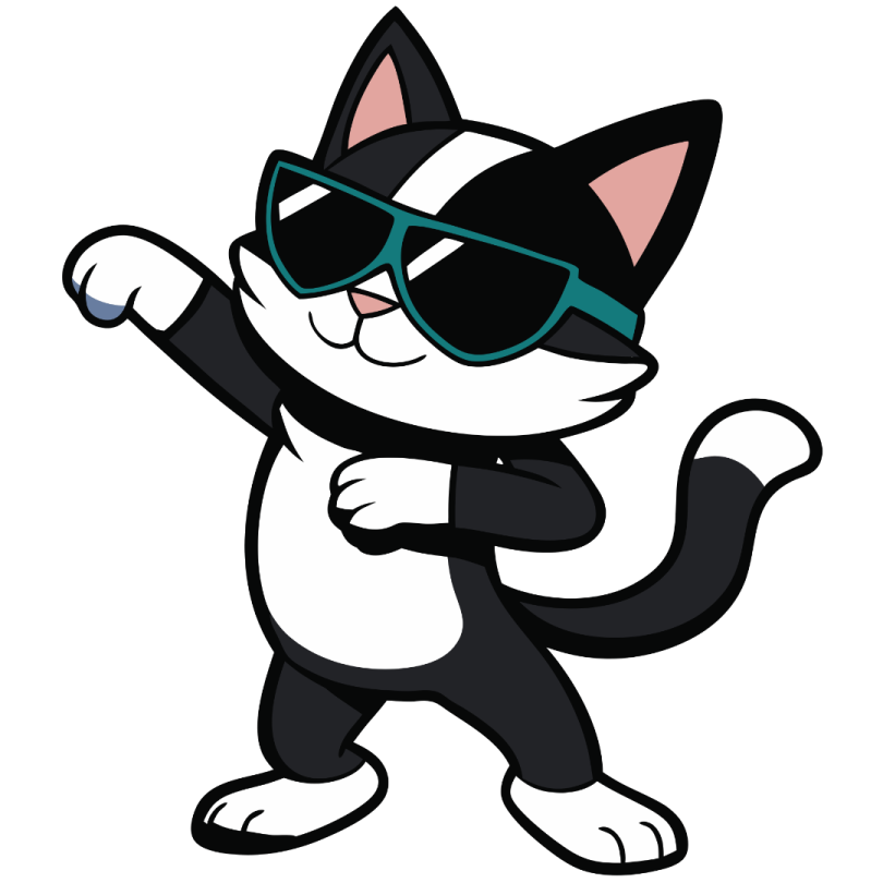 a black and white cat wearing sunglasses