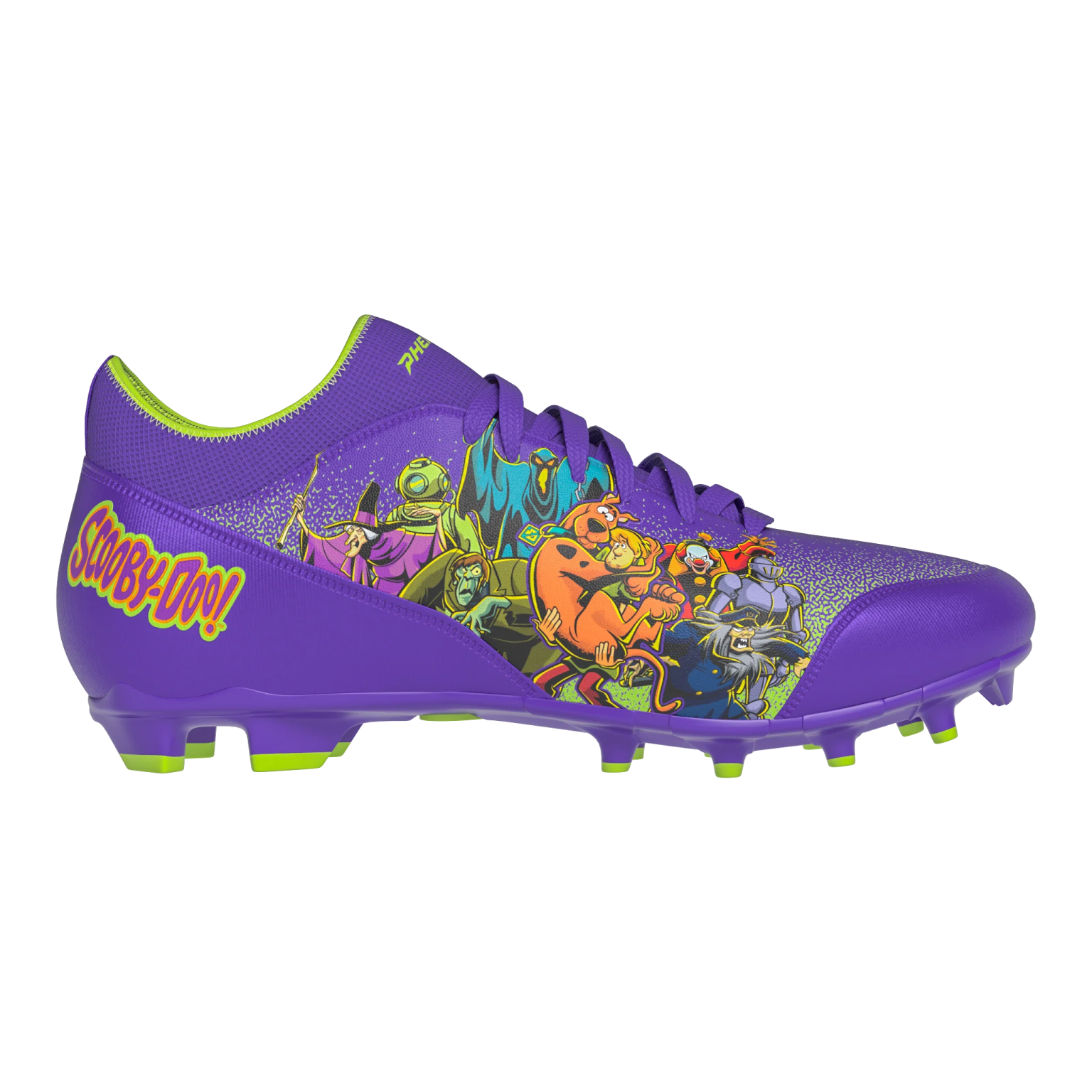 a pair of purple soccer shoes with cartoon characters on them