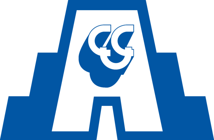 a blue and white logo with the letter a