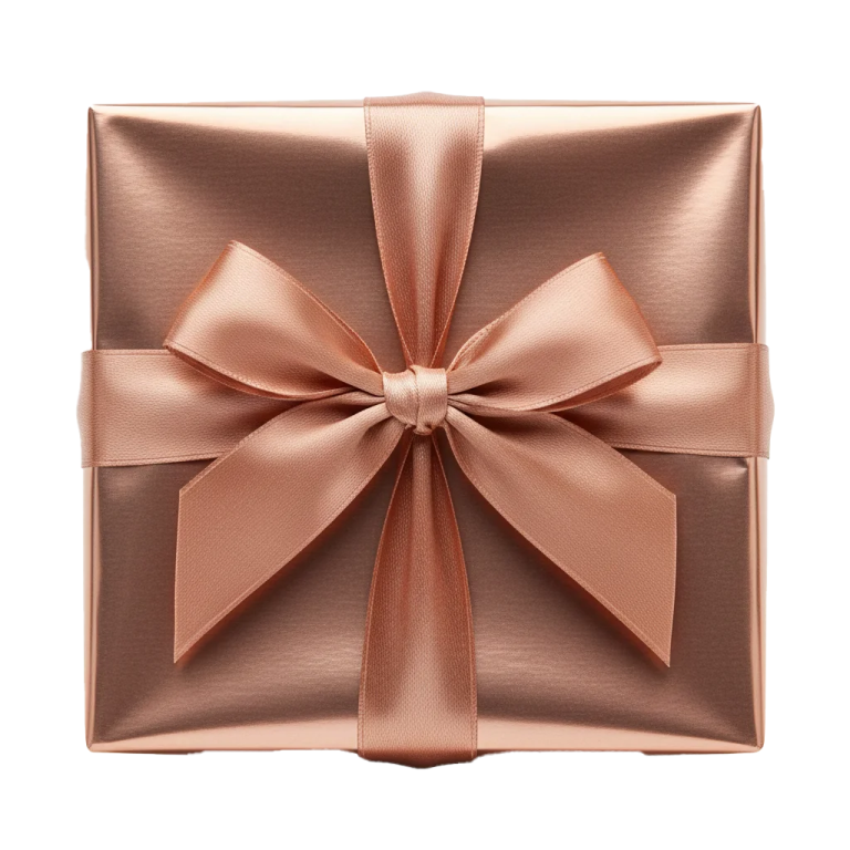 a rose gold gift box with a large bow