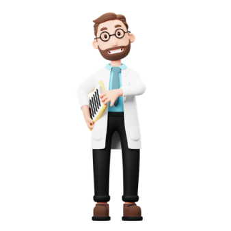 a man in a white lab coat holding a book