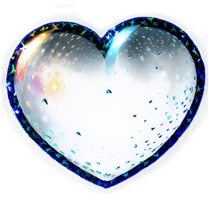 a white heart shaped balloon with blue and green conkles