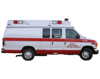 a white ambulance van with red and white stripes