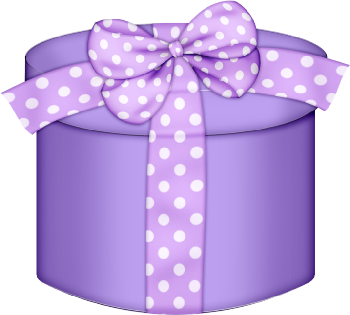 a purple gift box with white polka dots on it