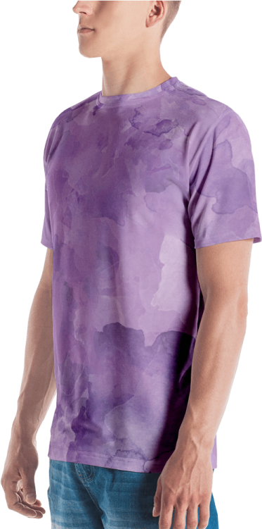 a man wearing a purple t - shirt