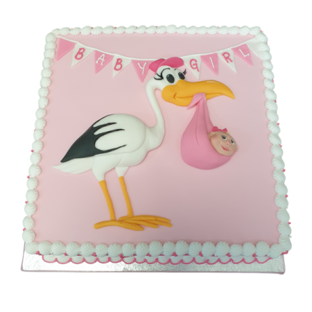 a pink cake with a white and black bird on it