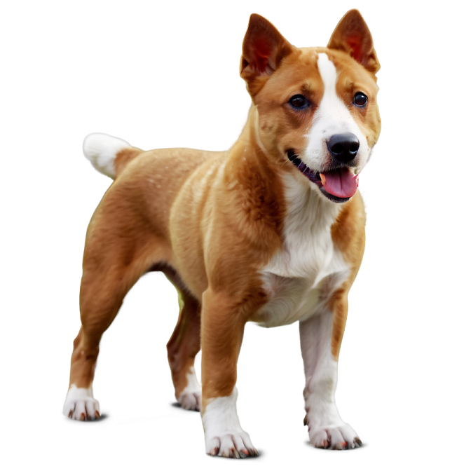 a small brown and white dog standing on a white surface