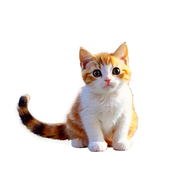 a small orange and white kitten sitting on the floor