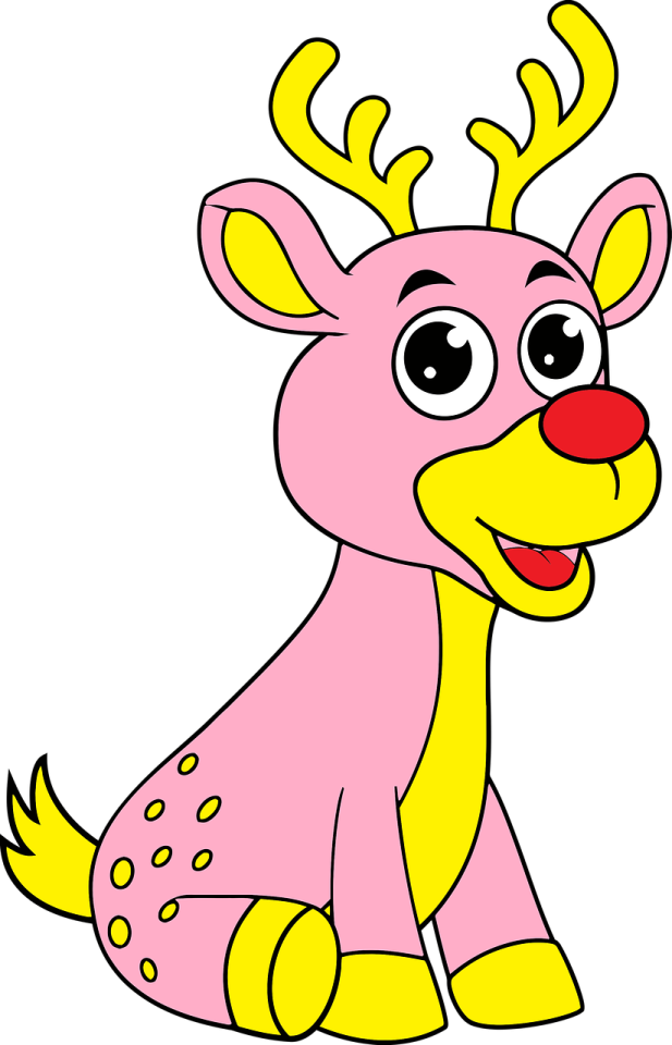 a pink reindeer sitting down and smiling