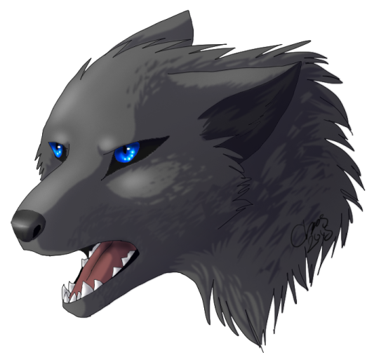 a drawing of a wolf with blue eyes