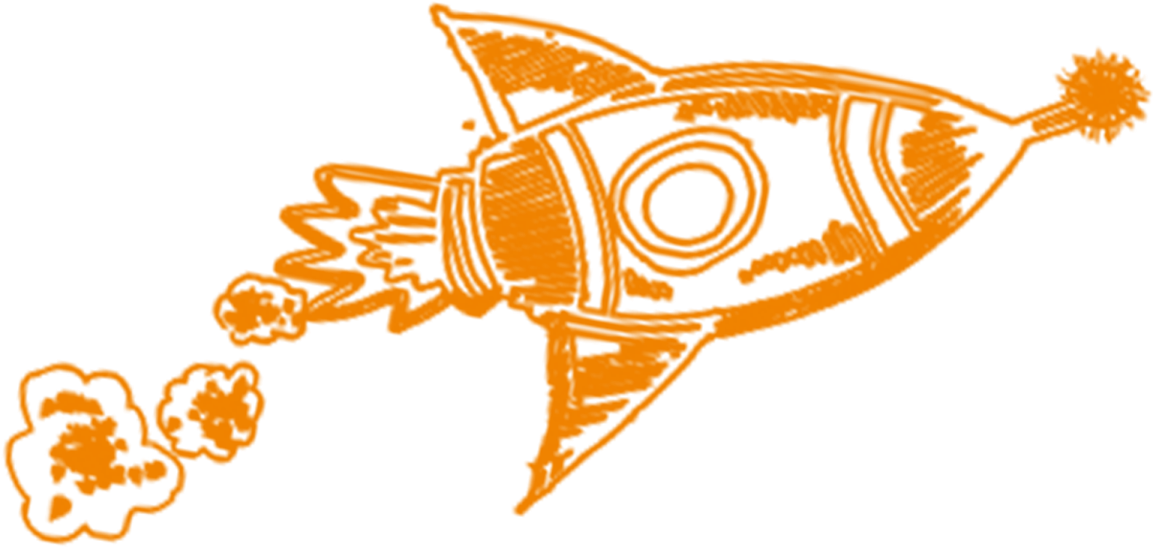 an orange and white drawing of a rocket