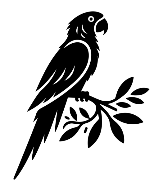 a black and white silhouette of a parrot perched on a branch